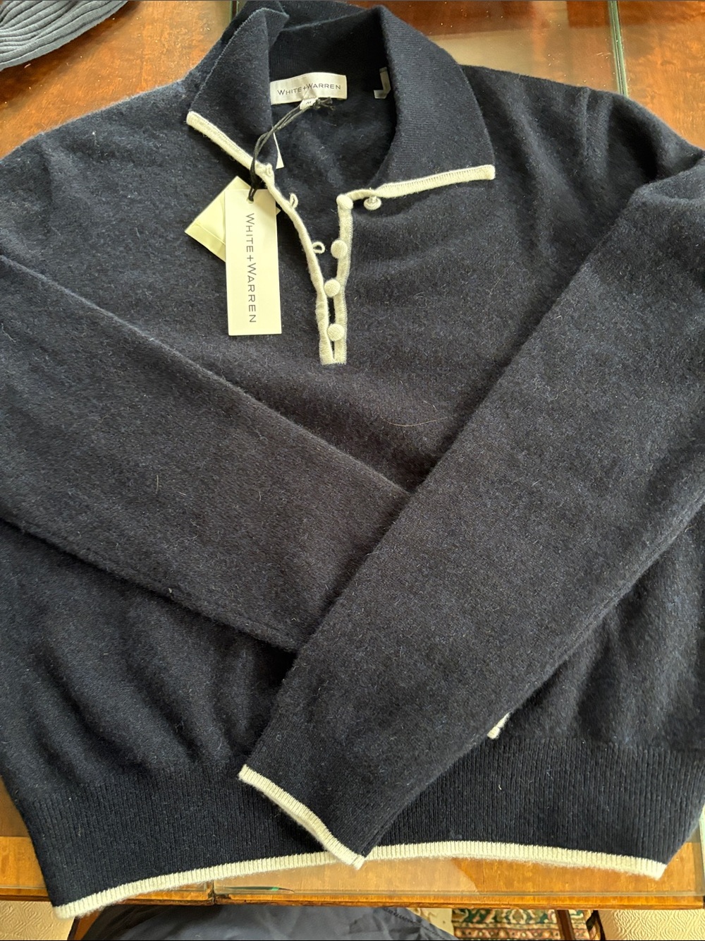 White + Warren Navy V-Neck Cashmere Sweater with Cream Trim